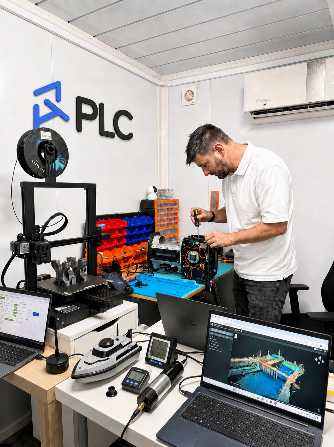 PLC survey specialist developing and testing custom survey equipment in the workshop